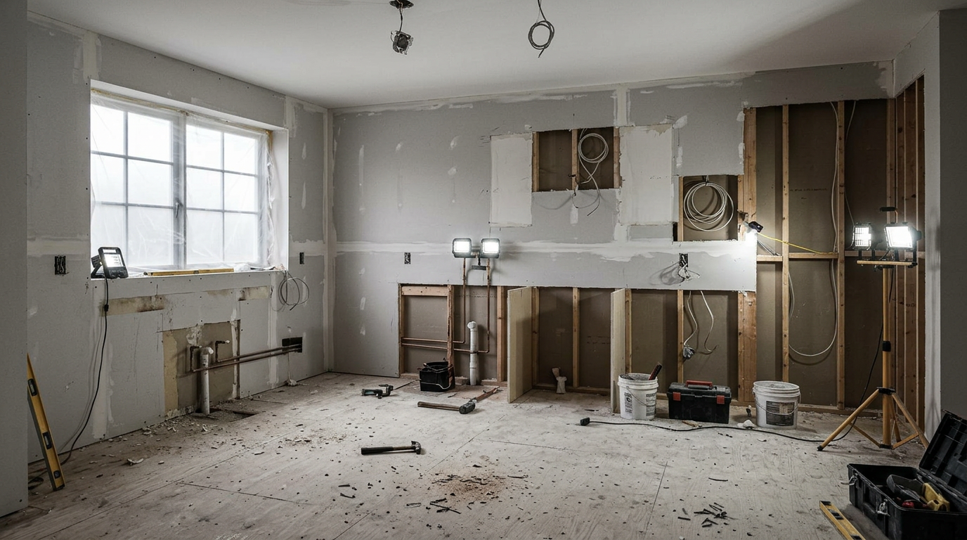 Same kitchen space with bare drywall before the remodel